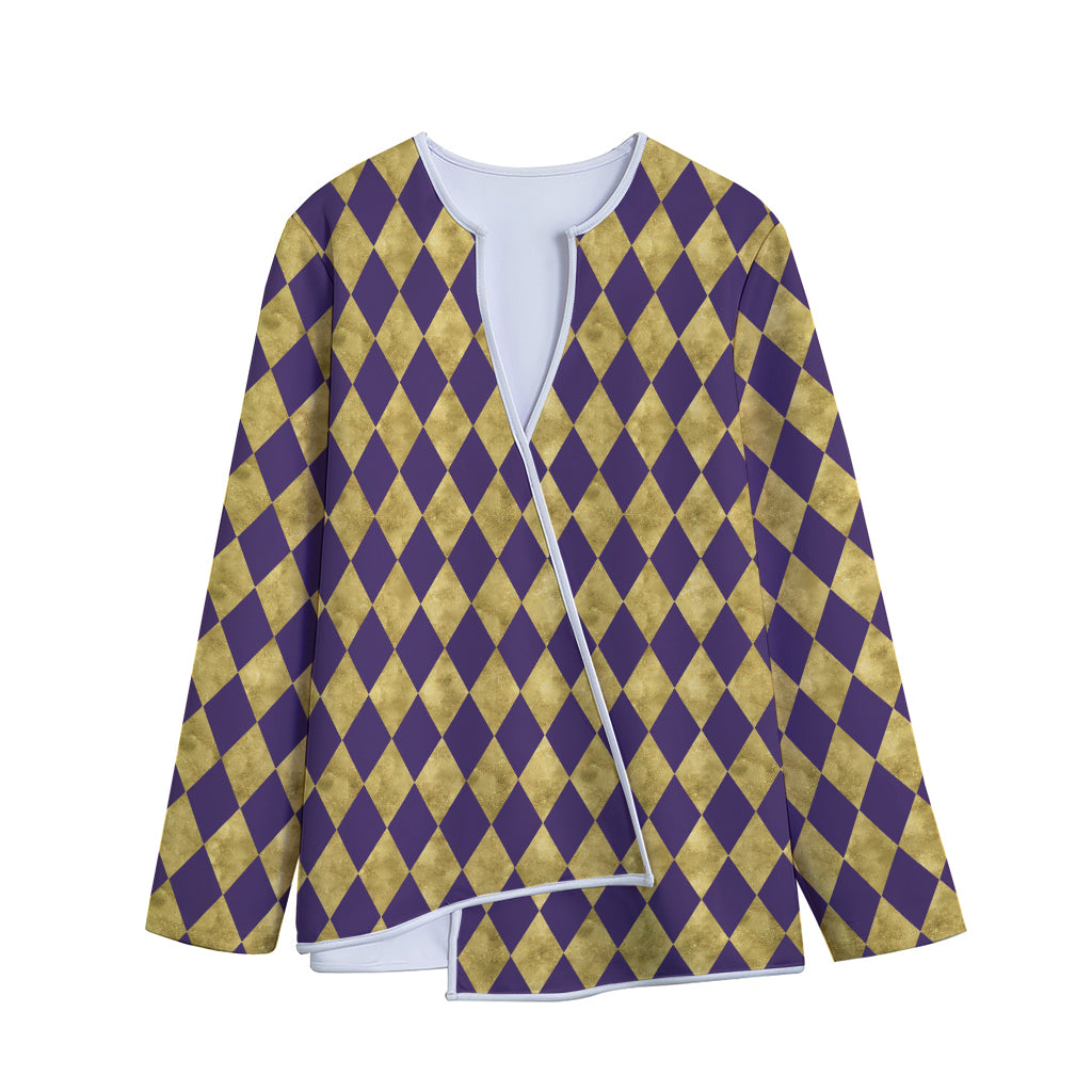 Purple And Gold Harlequin Pattern Print Long Sleeve Short Coat