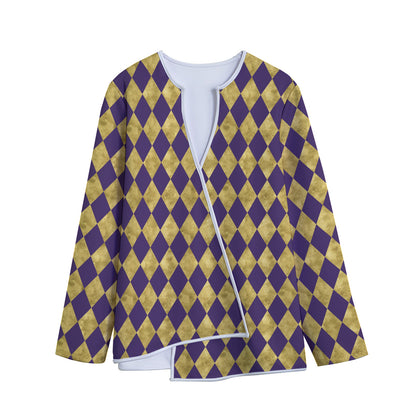 Purple And Gold Harlequin Pattern Print Long Sleeve Short Coat
