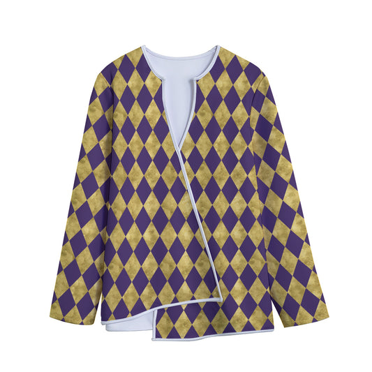 Purple And Gold Harlequin Pattern Print Long Sleeve Short Coat