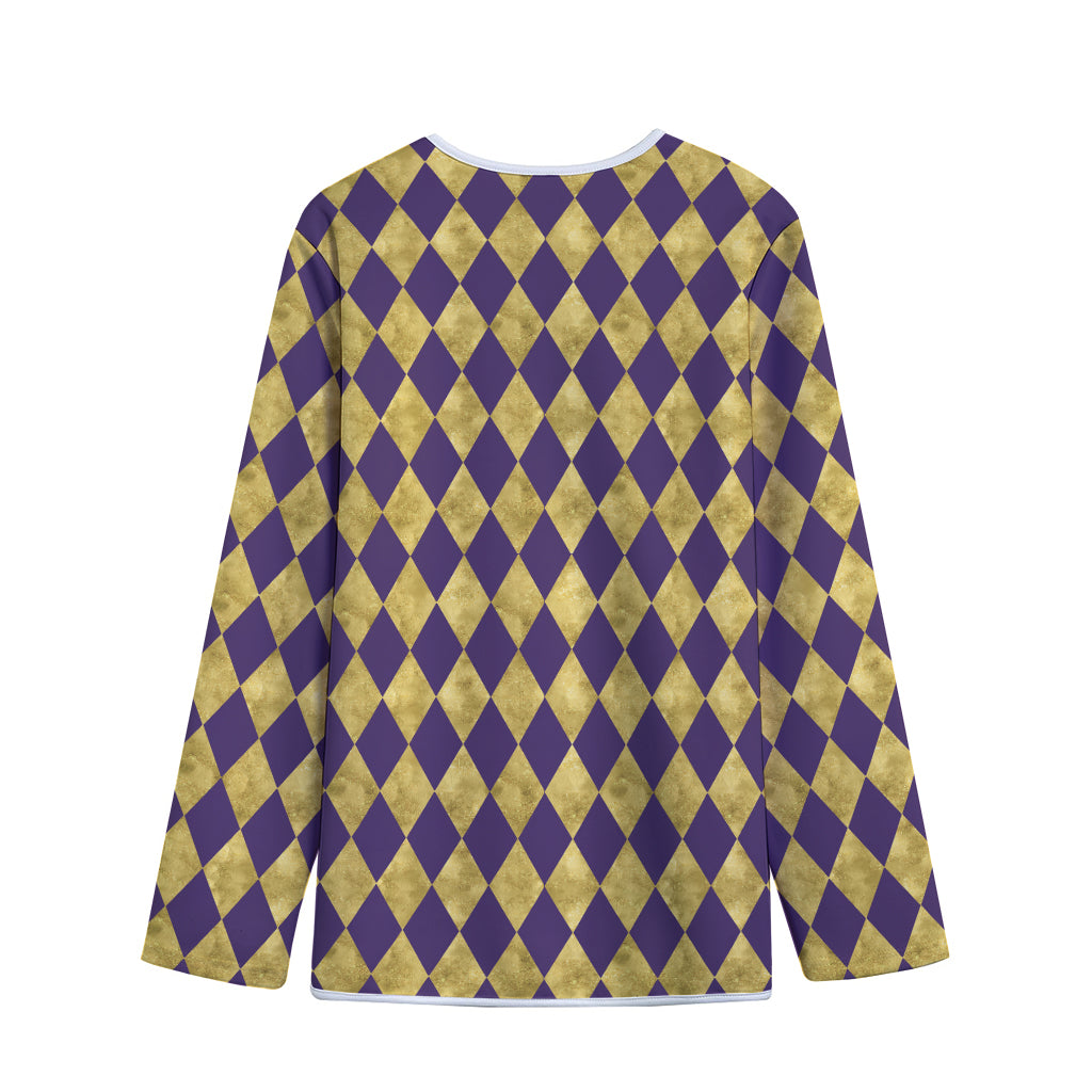 Purple And Gold Harlequin Pattern Print Long Sleeve Short Coat