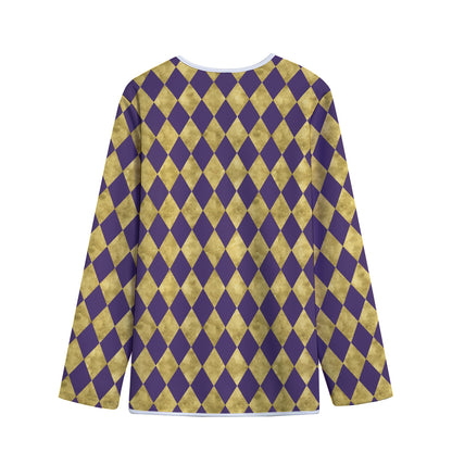 Purple And Gold Harlequin Pattern Print Long Sleeve Short Coat