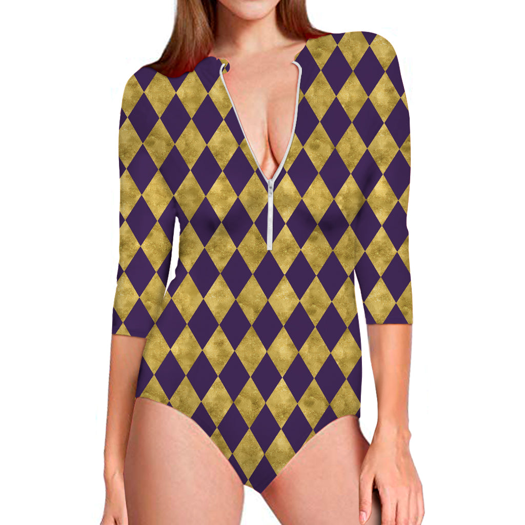 Purple And Gold Harlequin Pattern Print Long Sleeve Swimsuit