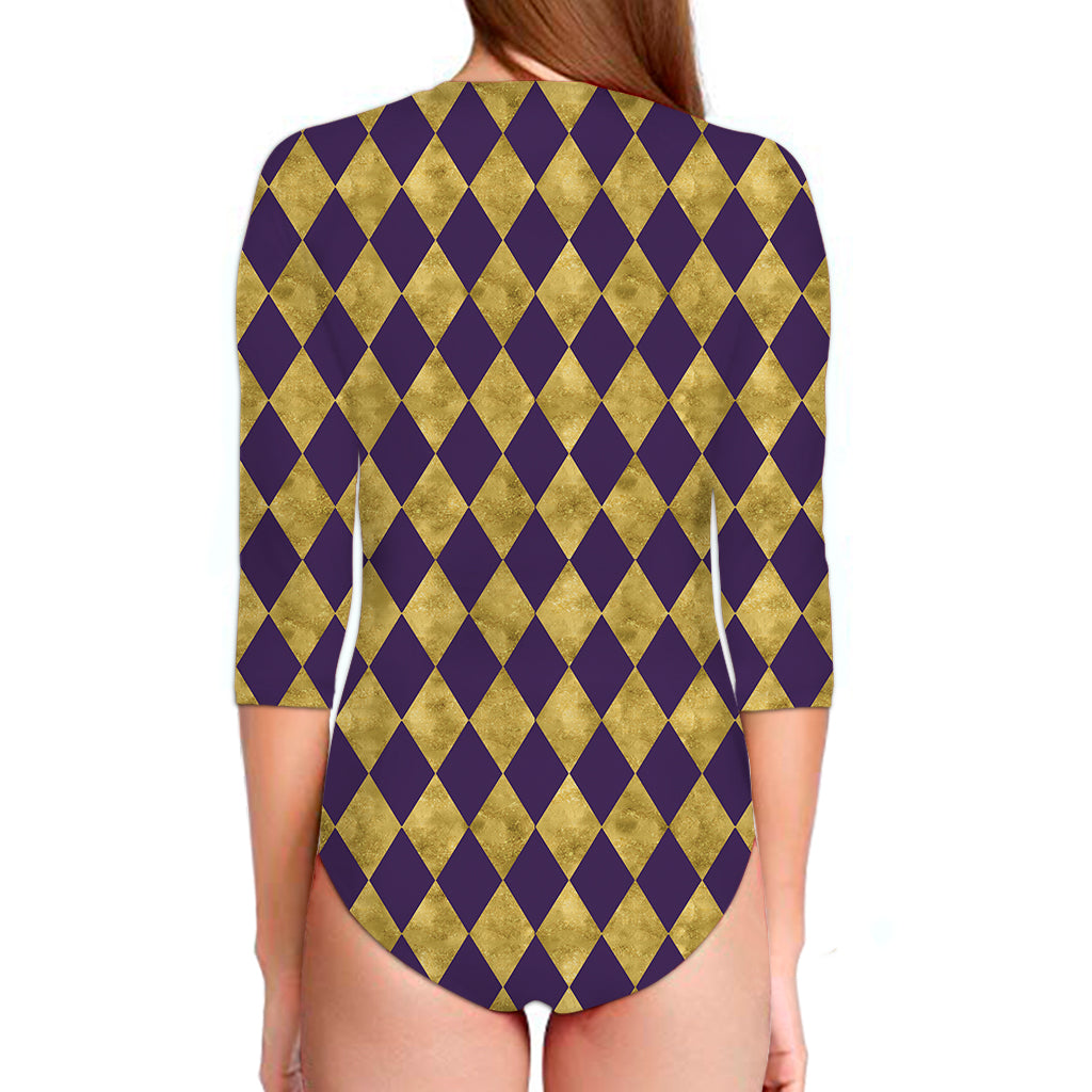 Purple And Gold Harlequin Pattern Print Long Sleeve Swimsuit