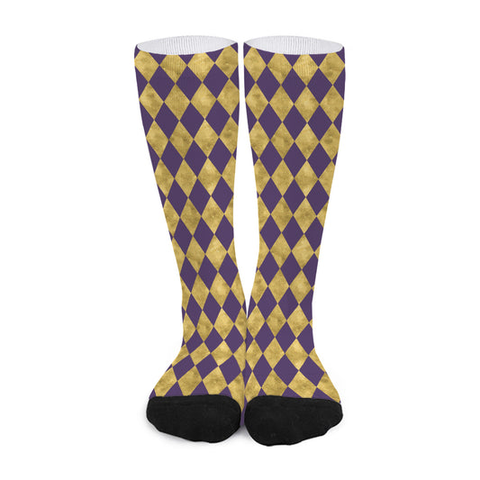 Purple And Gold Harlequin Pattern Print Long Socks