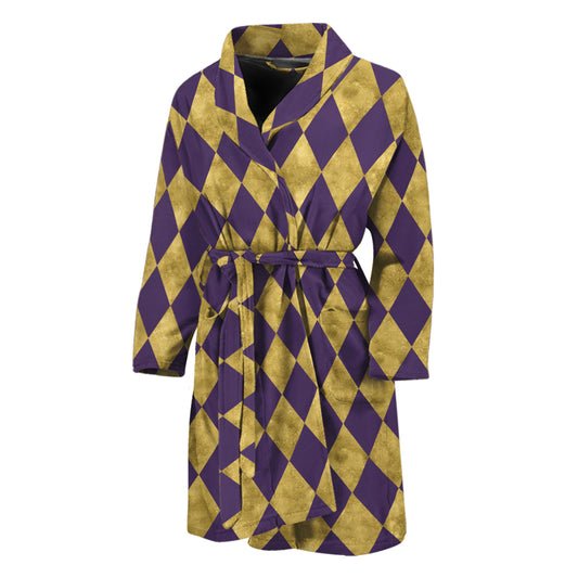 Purple And Gold Harlequin Pattern Print Men's Bathrobe