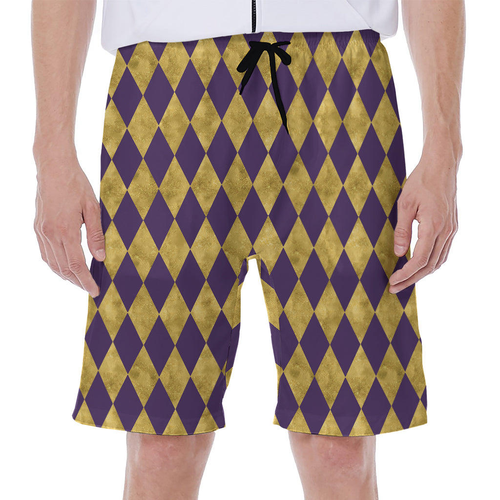Purple And Gold Harlequin Pattern Print Men's Beach Shorts