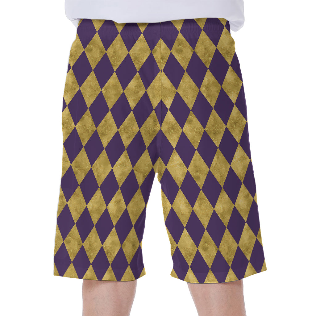 Purple And Gold Harlequin Pattern Print Men's Beach Shorts