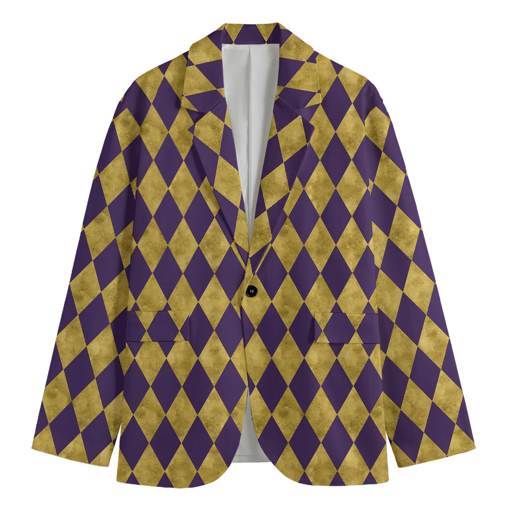 Purple And Gold Harlequin Pattern Print Men's Blazer
