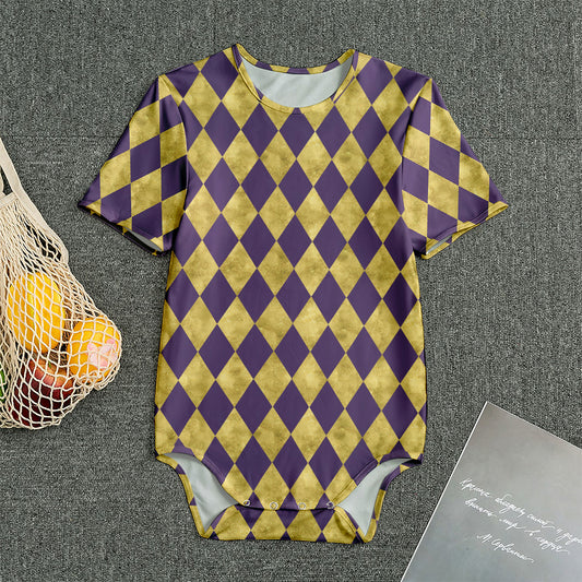 Purple And Gold Harlequin Pattern Print Men's Bodysuit