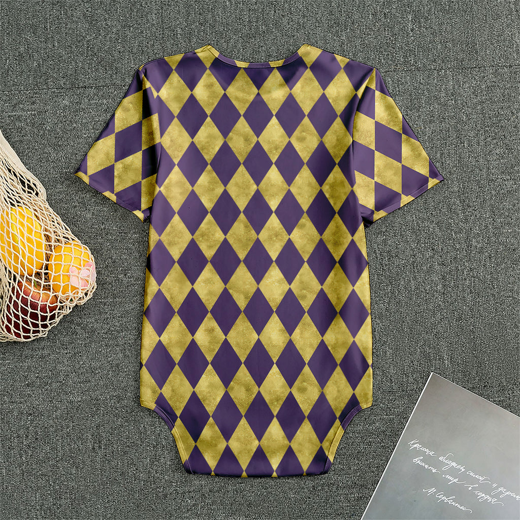 Purple And Gold Harlequin Pattern Print Men's Bodysuit