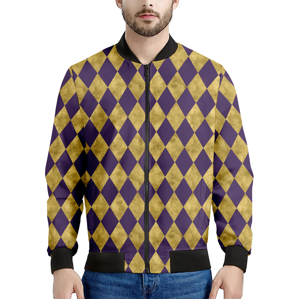 Purple And Gold Harlequin Pattern Print Men's Bomber Jacket