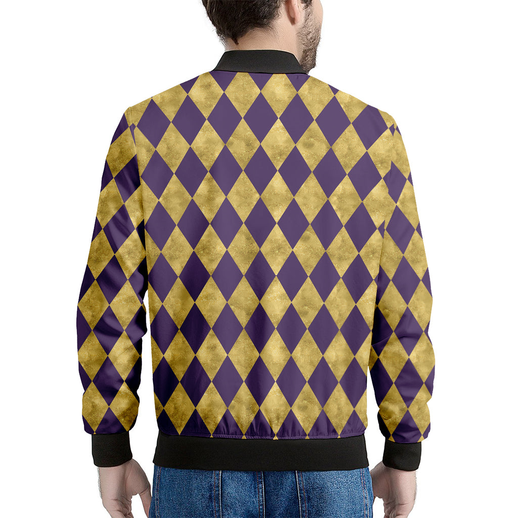 Purple And Gold Harlequin Pattern Print Men's Bomber Jacket