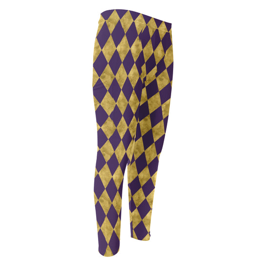 Purple And Gold Harlequin Pattern Print Men's Compression Pants