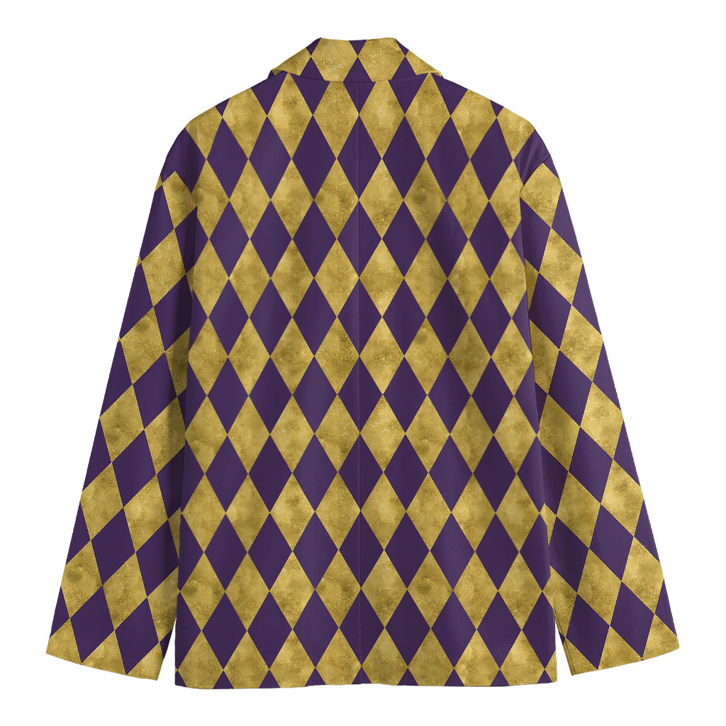 Purple And Gold Harlequin Pattern Print Men's Cotton Blazer