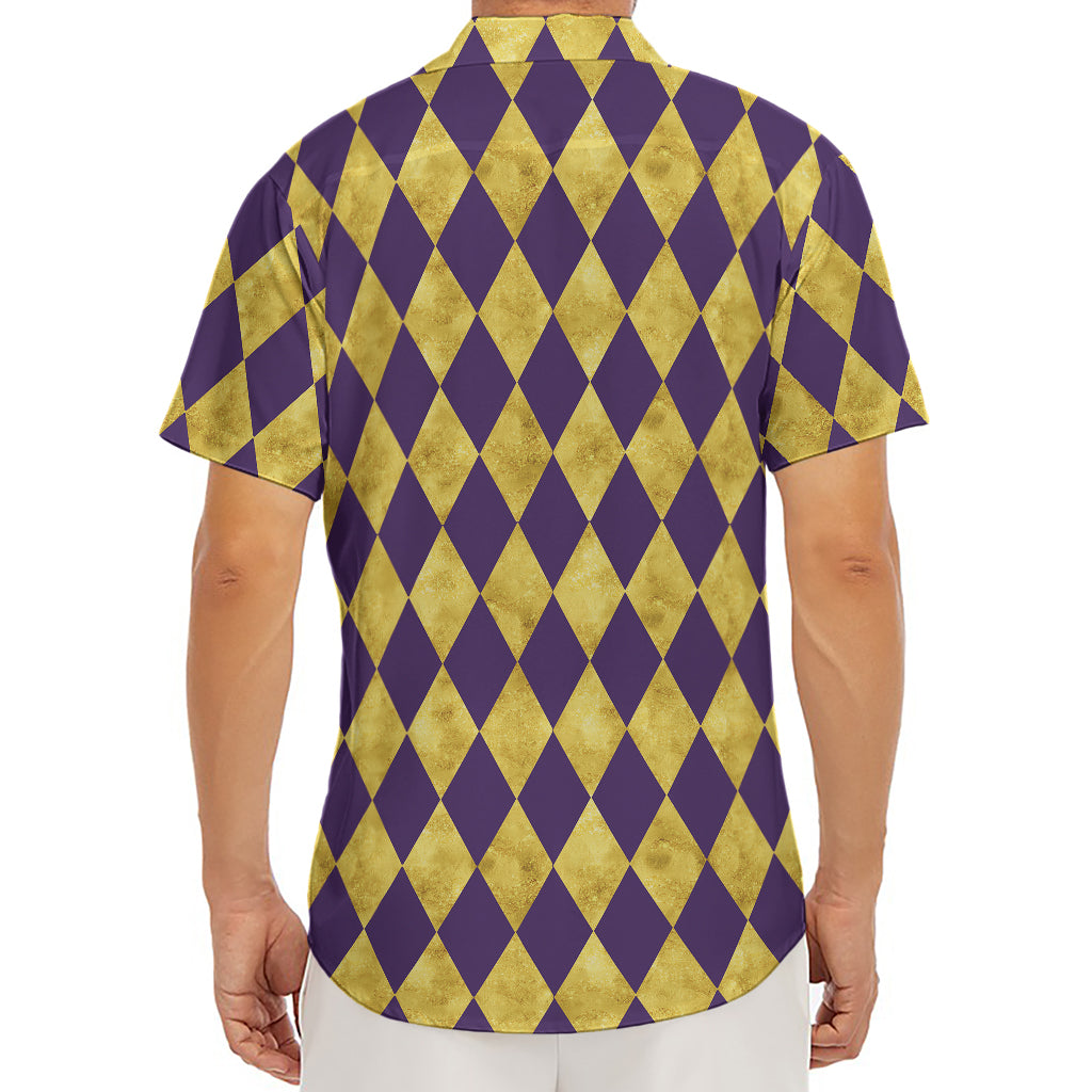 Purple And Gold Harlequin Pattern Print Men's Deep V-Neck Shirt