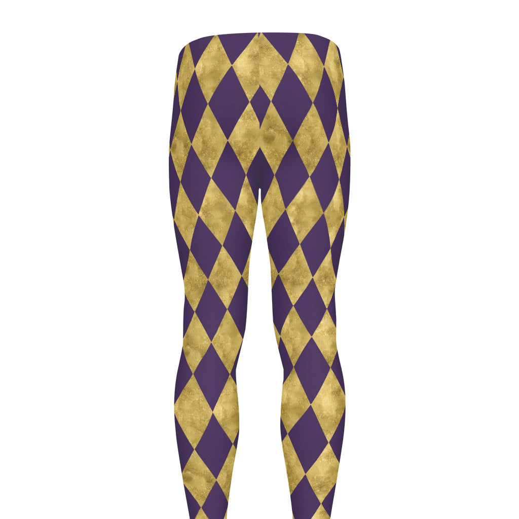 Purple And Gold Harlequin Pattern Print Men's leggings