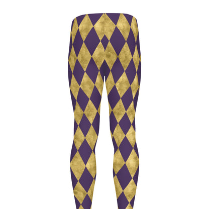 Purple And Gold Harlequin Pattern Print Men's leggings