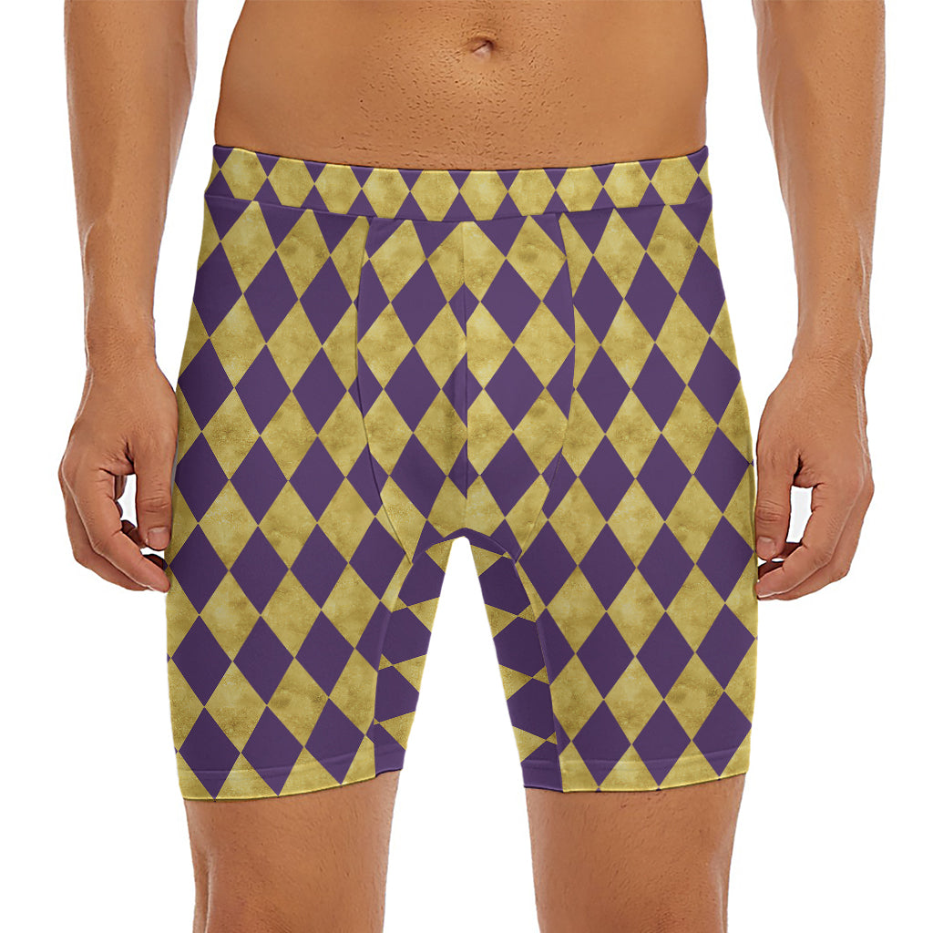 Purple And Gold Harlequin Pattern Print Men's Long Boxer Briefs