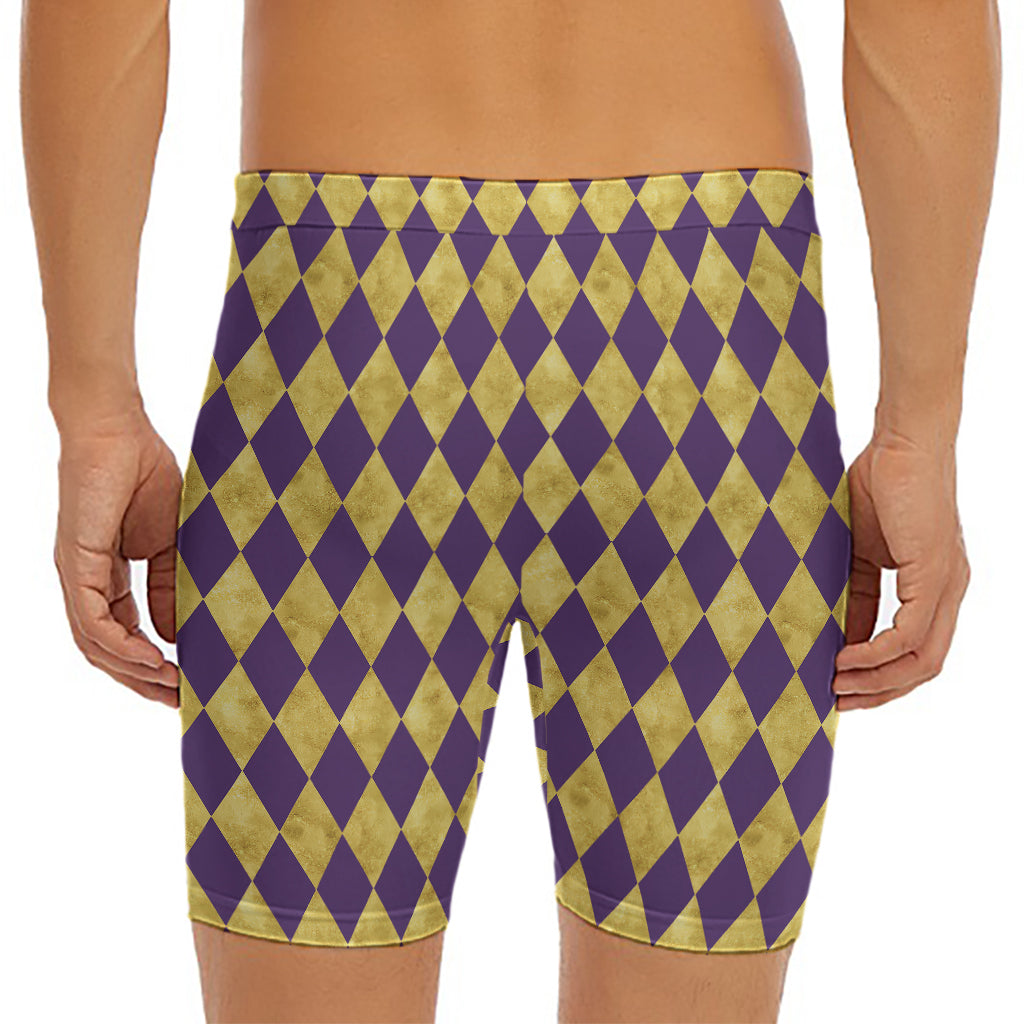 Purple And Gold Harlequin Pattern Print Men's Long Boxer Briefs