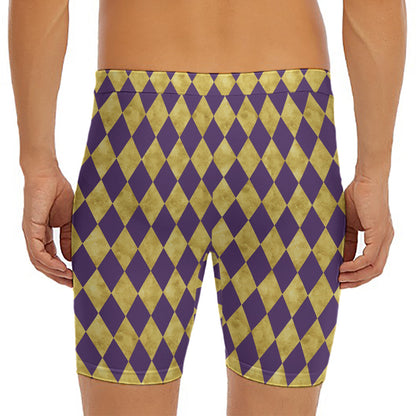 Purple And Gold Harlequin Pattern Print Men's Long Boxer Briefs