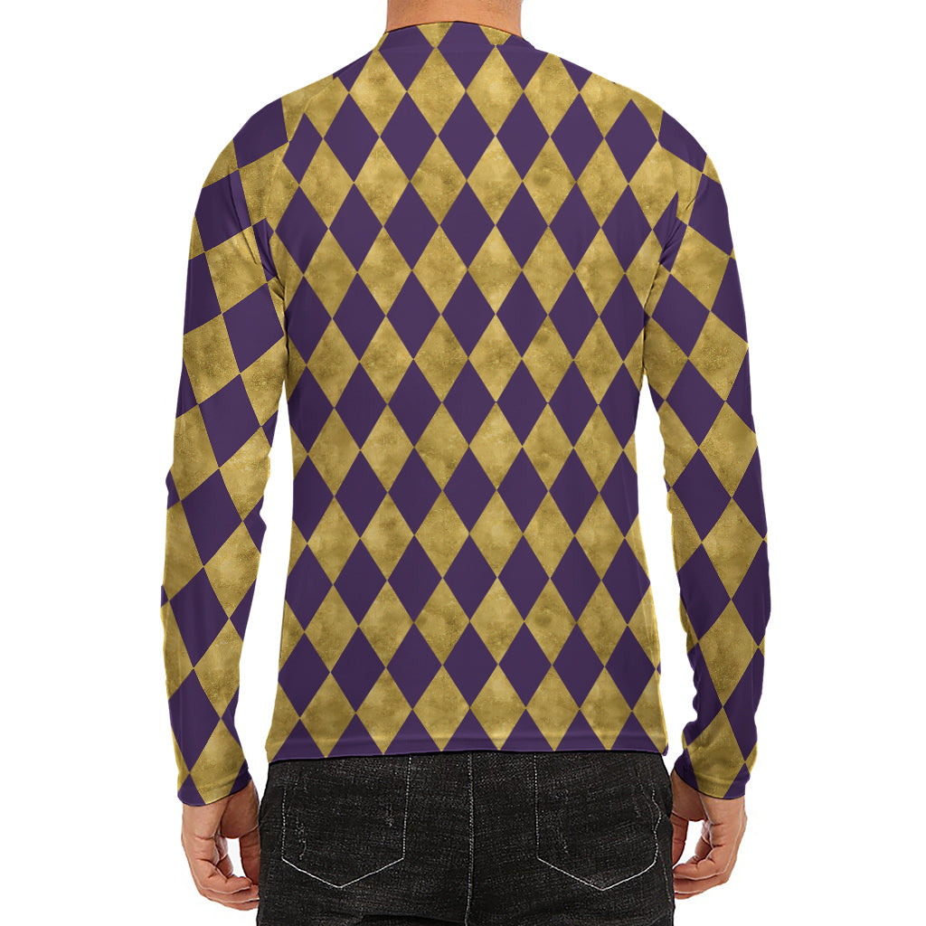 Purple And Gold Harlequin Pattern Print Men's Long Sleeve Rash Guard