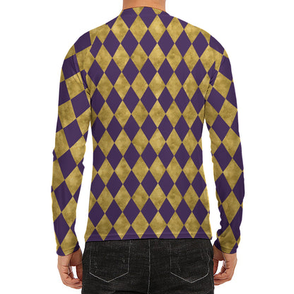 Purple And Gold Harlequin Pattern Print Men's Long Sleeve Rash Guard