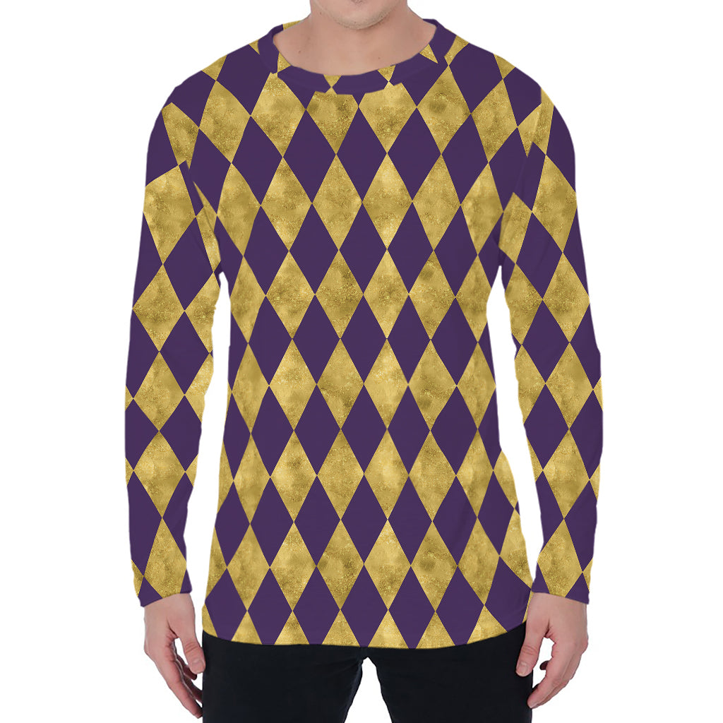 Purple And Gold Harlequin Pattern Print Men's Long Sleeve T-Shirt