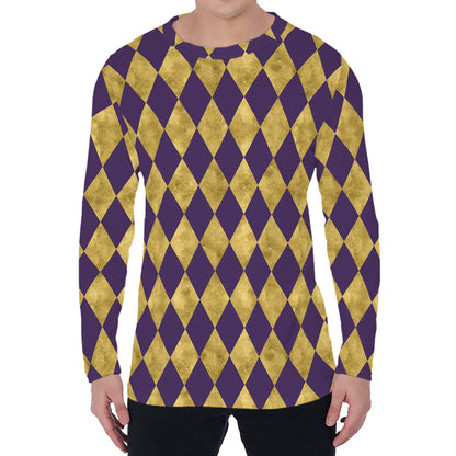 Purple And Gold Harlequin Pattern Print Men's Long Sleeve T-Shirt