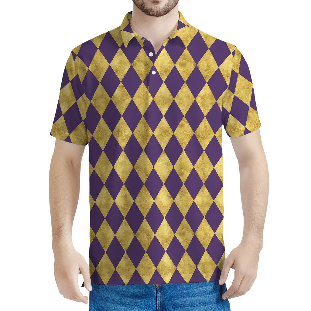 Purple And Gold Harlequin Pattern Print Men's Polo Shirt
