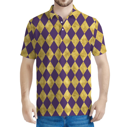 Purple And Gold Harlequin Pattern Print Men's Polo Shirt