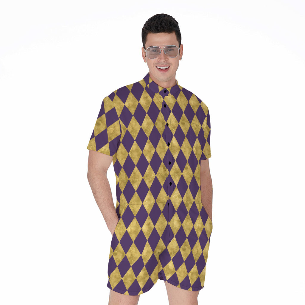 Purple And Gold Harlequin Pattern Print Men's Rompers