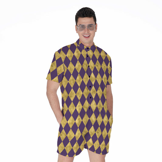Purple And Gold Harlequin Pattern Print Men's Rompers