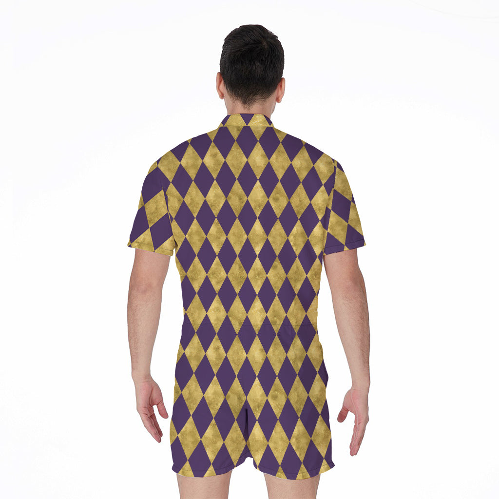 Purple And Gold Harlequin Pattern Print Men's Rompers