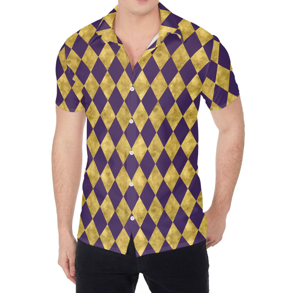 Purple And Gold Harlequin Pattern Print Men's Shirt