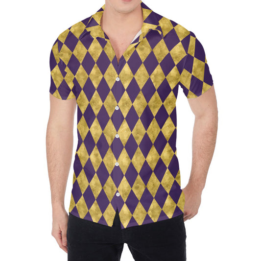 Purple And Gold Harlequin Pattern Print Men's Shirt
