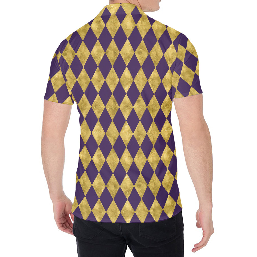 Purple And Gold Harlequin Pattern Print Men's Shirt