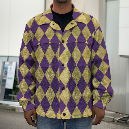 Purple And Gold Harlequin Pattern Print Men's Shirt Jacket
