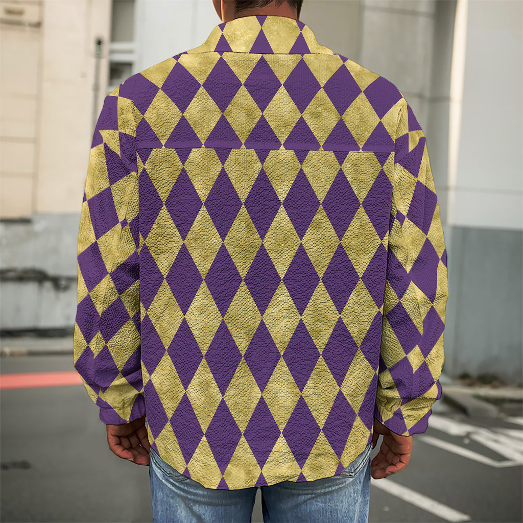 Purple And Gold Harlequin Pattern Print Men's Shirt Jacket