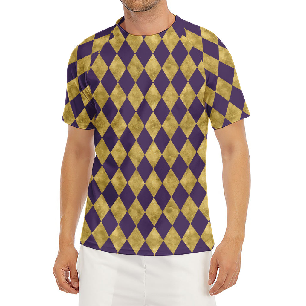 Purple And Gold Harlequin Pattern Print Men's Short Sleeve Rash Guard