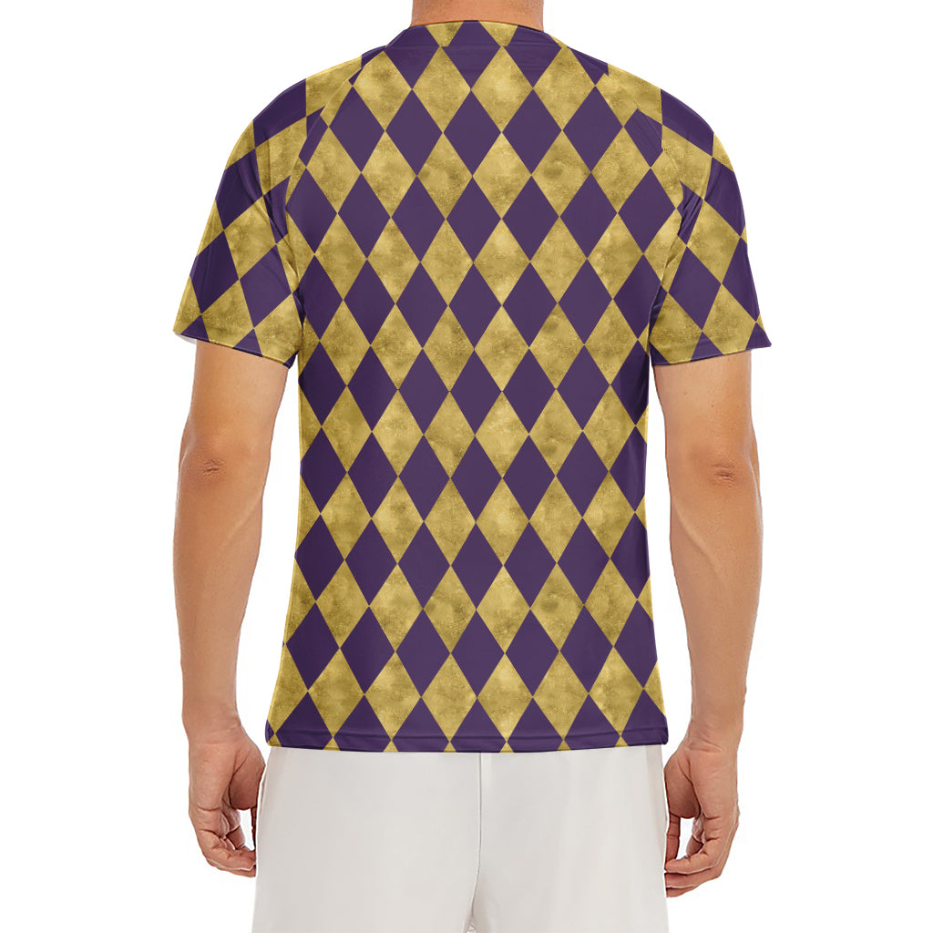 Purple And Gold Harlequin Pattern Print Men's Short Sleeve Rash Guard