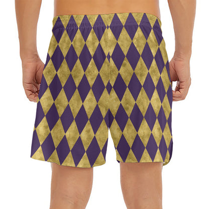 Purple And Gold Harlequin Pattern Print Men's Split Running Shorts