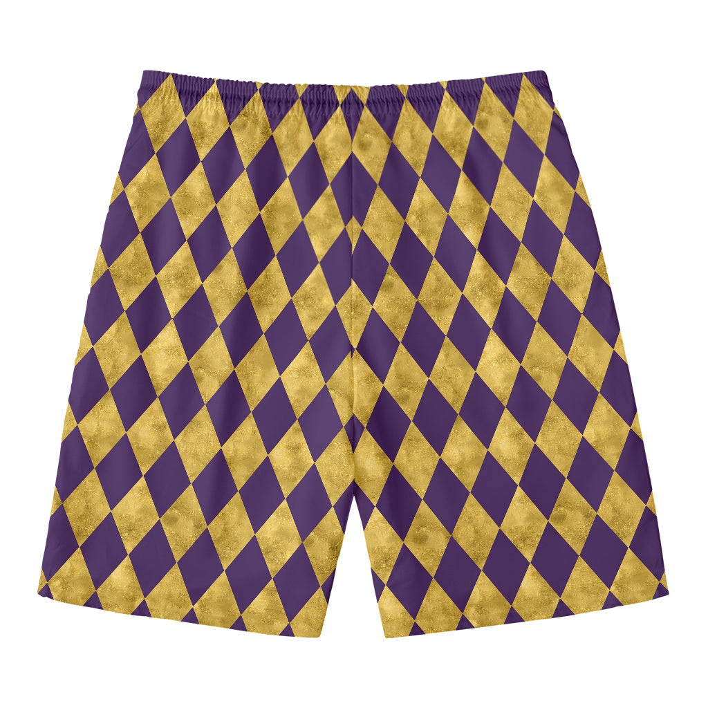 Purple And Gold Harlequin Pattern Print Men's Swim Trunks