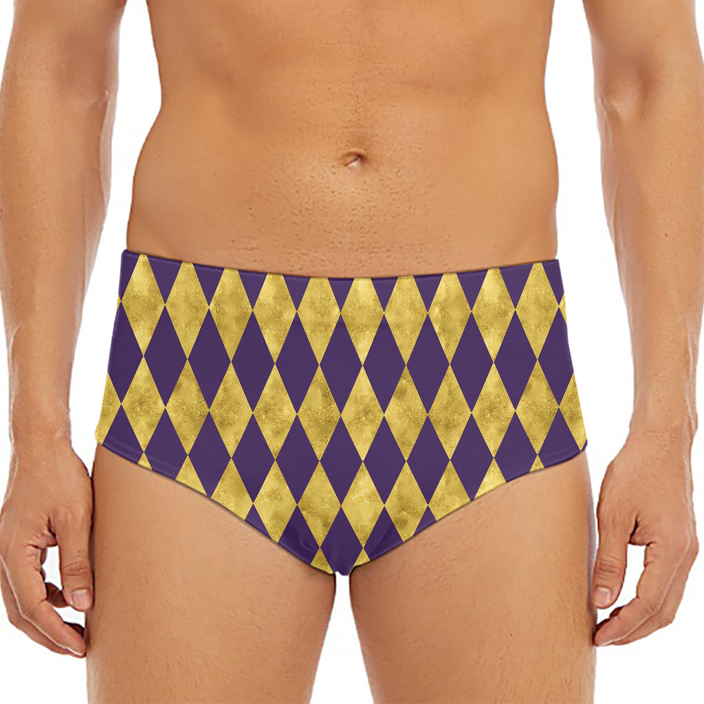 Purple And Gold Harlequin Pattern Print Men's Triangle Swim Briefs