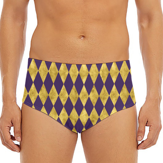 Purple And Gold Harlequin Pattern Print Men's Triangle Swim Briefs
