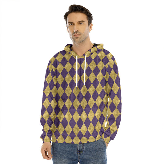 Purple And Gold Harlequin Pattern Print Men's Velvet Pullover Hoodie