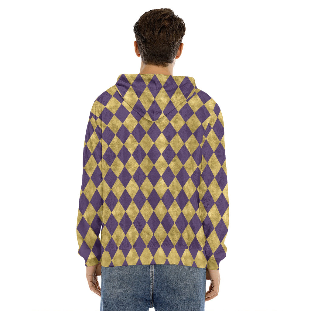 Purple And Gold Harlequin Pattern Print Men's Velvet Pullover Hoodie