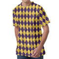 Purple And Gold Harlequin Pattern Print Men's Velvet T-Shirt