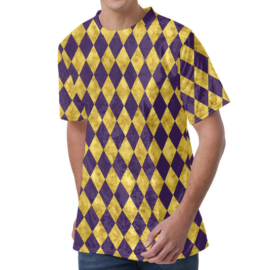Purple And Gold Harlequin Pattern Print Men's Velvet T-Shirt