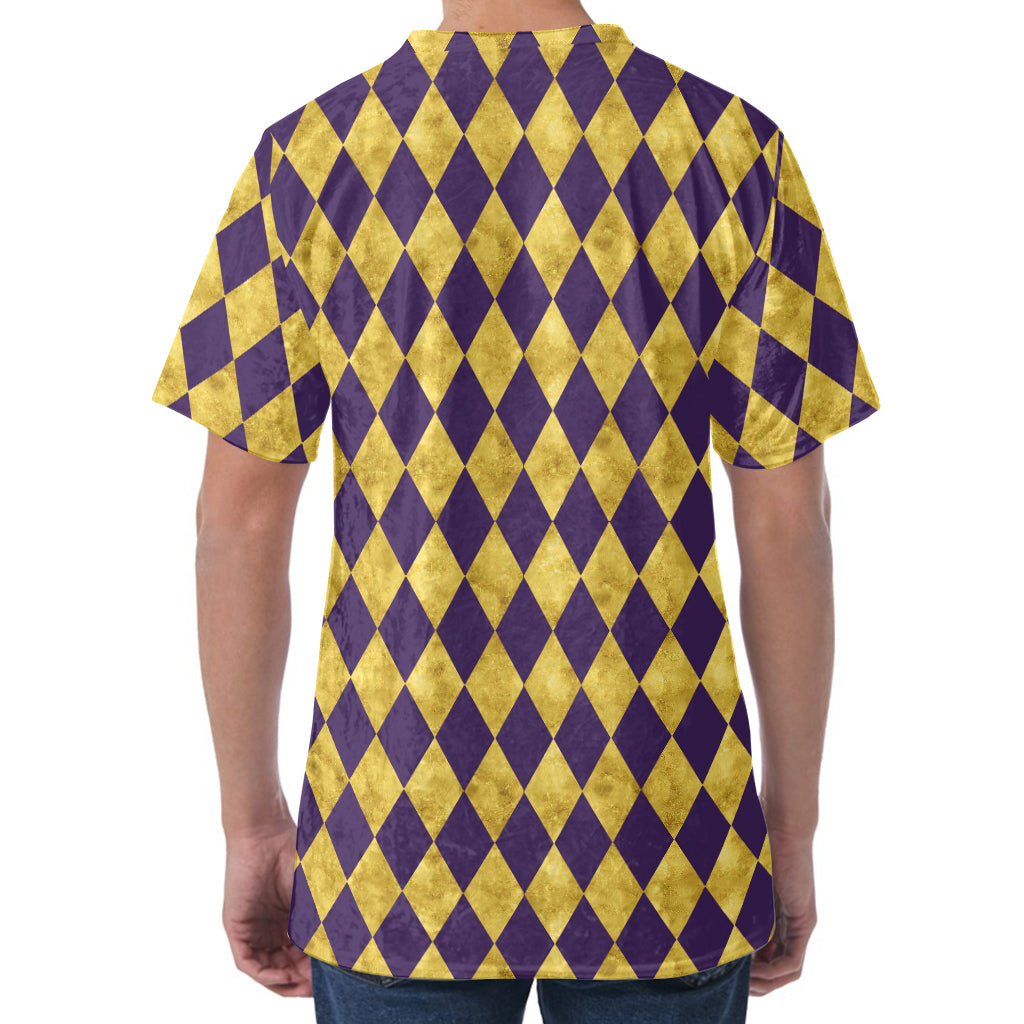 Purple And Gold Harlequin Pattern Print Men's Velvet T-Shirt