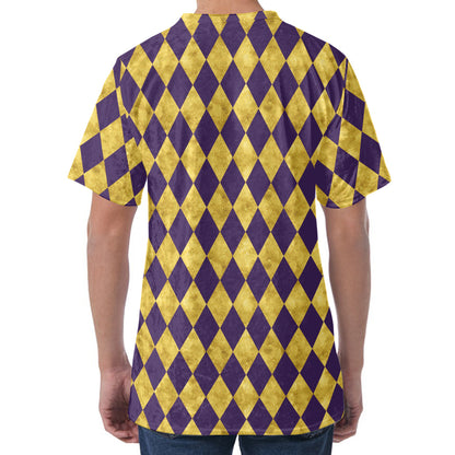 Purple And Gold Harlequin Pattern Print Men's Velvet T-Shirt